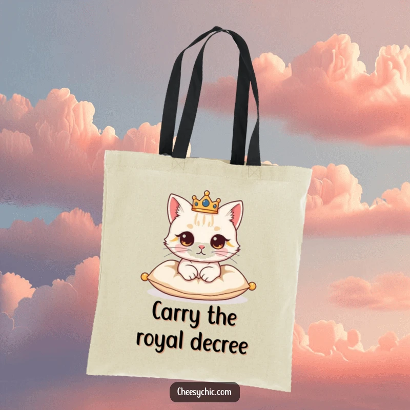 Funny tote bag featuring a cute cat character proudly wearing a tiny crown while looking regal on a cushion.