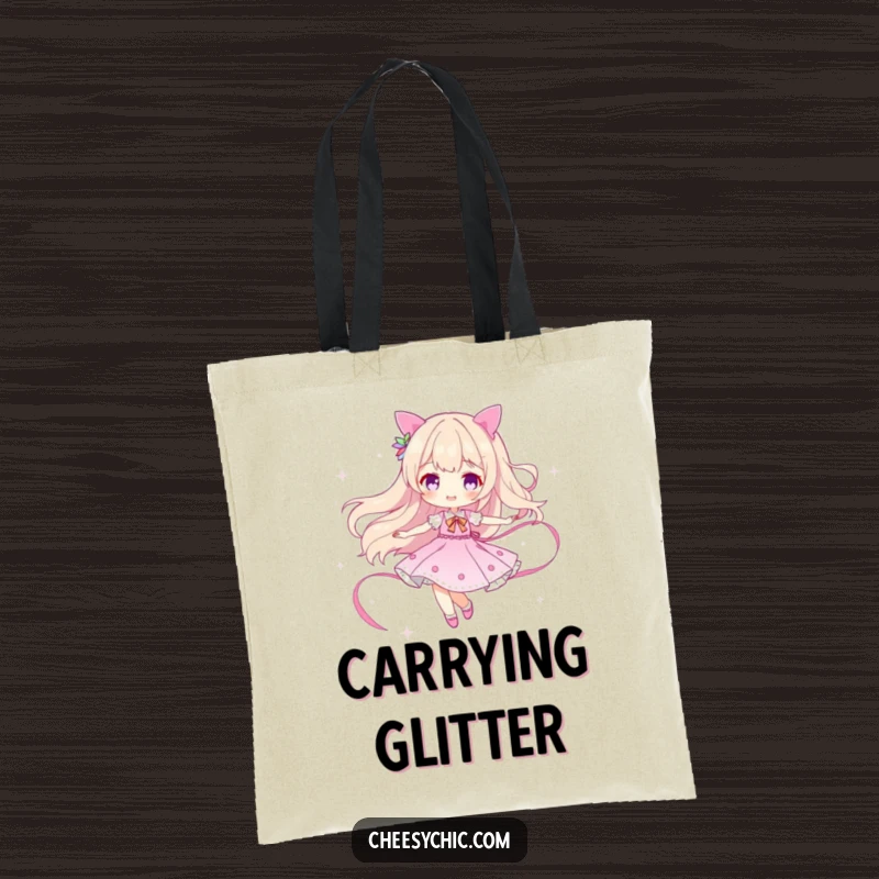 Funny tote bag with a character twirling, generating a ribbon of pure sparkle, representing elegance and playful charm.