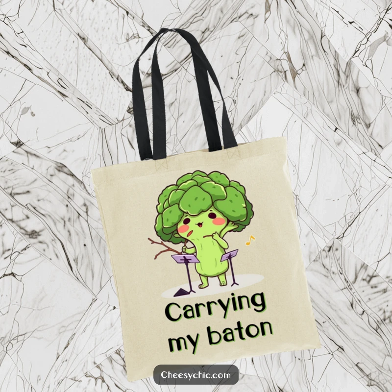 Funny tote bag showing an adorable anthropomorphic broccoli conducting an invisible orchestra with a twig, ready for any performance.