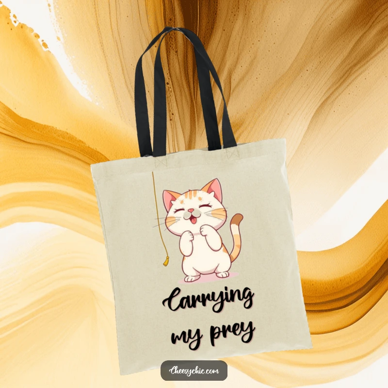 Funny tote bag with a cute cat intensely batting at a dangling string, showing focus and playful intent.