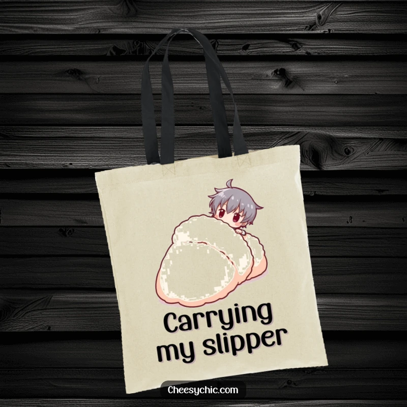 Funny stylized character comically tripping over a giant fluffy slipper, a humorous and charming tote bag.