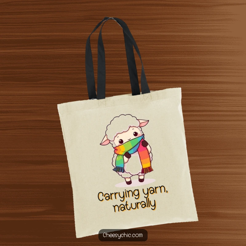 Funny tote bag with a fluffy sheep attempting to knit a rainbow scarf using its hooves, showcasing a humorous craft session.