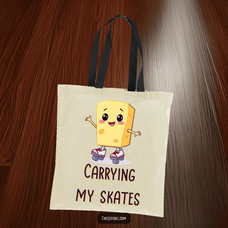 Funny tote bag with a happy, anthropomorphic cheese slice attempting to put on roller skates.