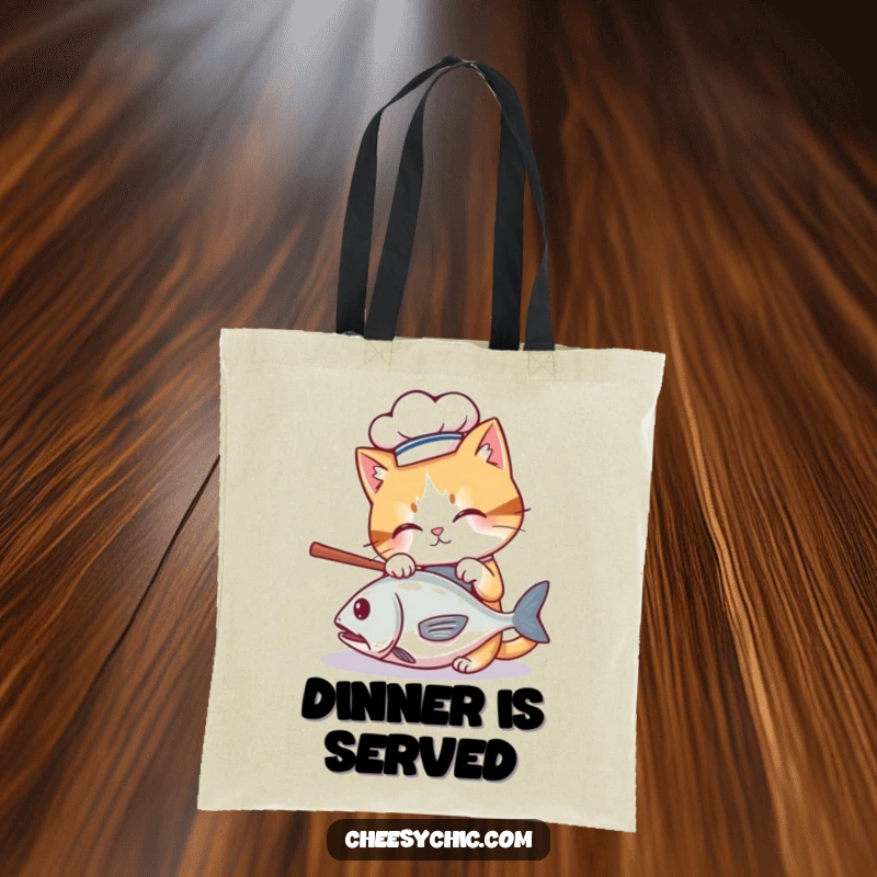 Funny tote bag with a cute cat in a chef hat batting at a rolling fish, humorous and practical accessory.
