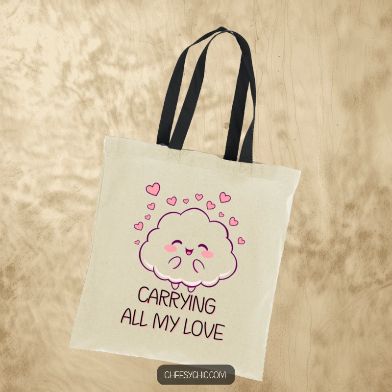 Funny tote bag with a giggling cloud character raining down a delightful stream of tiny, charming hearts. Whimsical and loving.