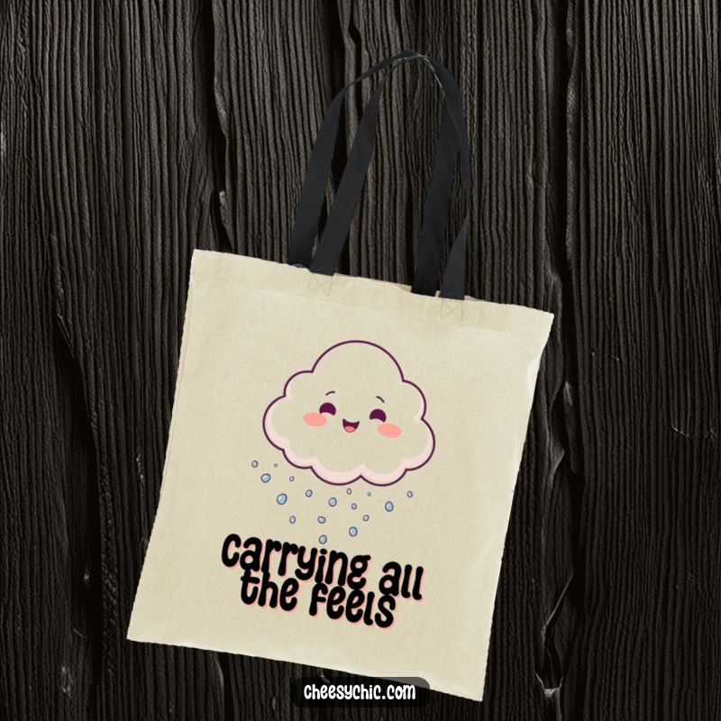 Funny Tote Bag with a cheerful cloud juggling tiny sparkling droplets, perfect for carrying essentials with a smile.