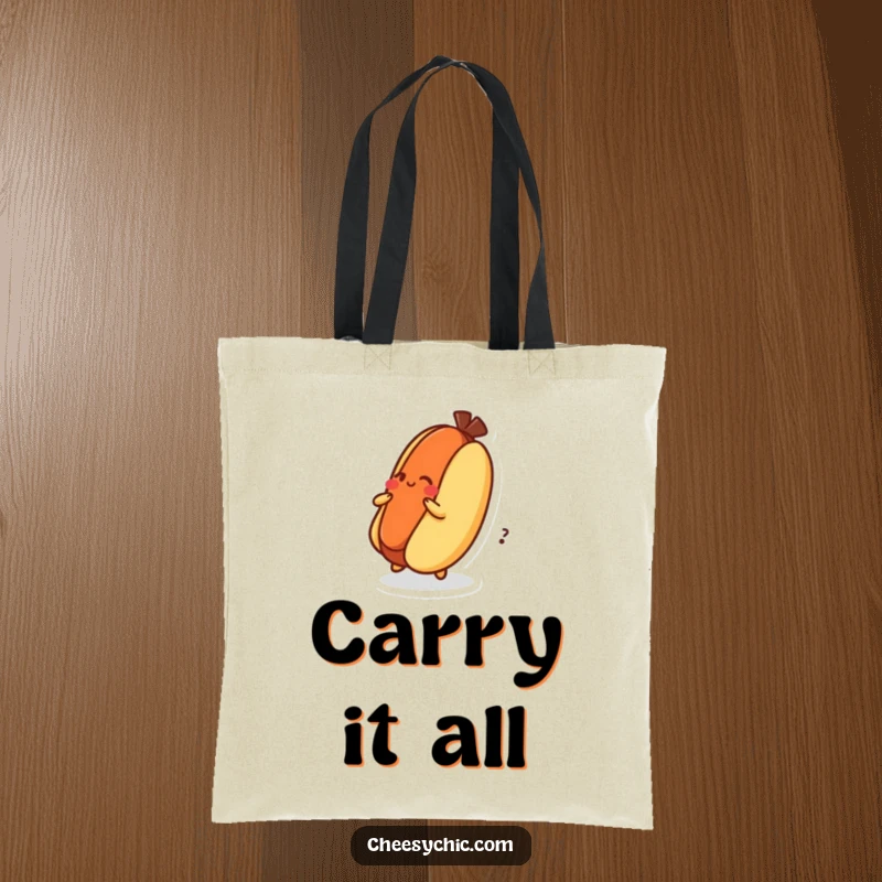 Funny Tote Bag with a dizzy hot dog character spinning on its bun, a fun and practical accessory.