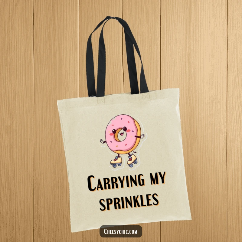 Funny tote bag with a charming anthropomorphic donut wearing roller skates and wobbling, a practical and humorous accessory.