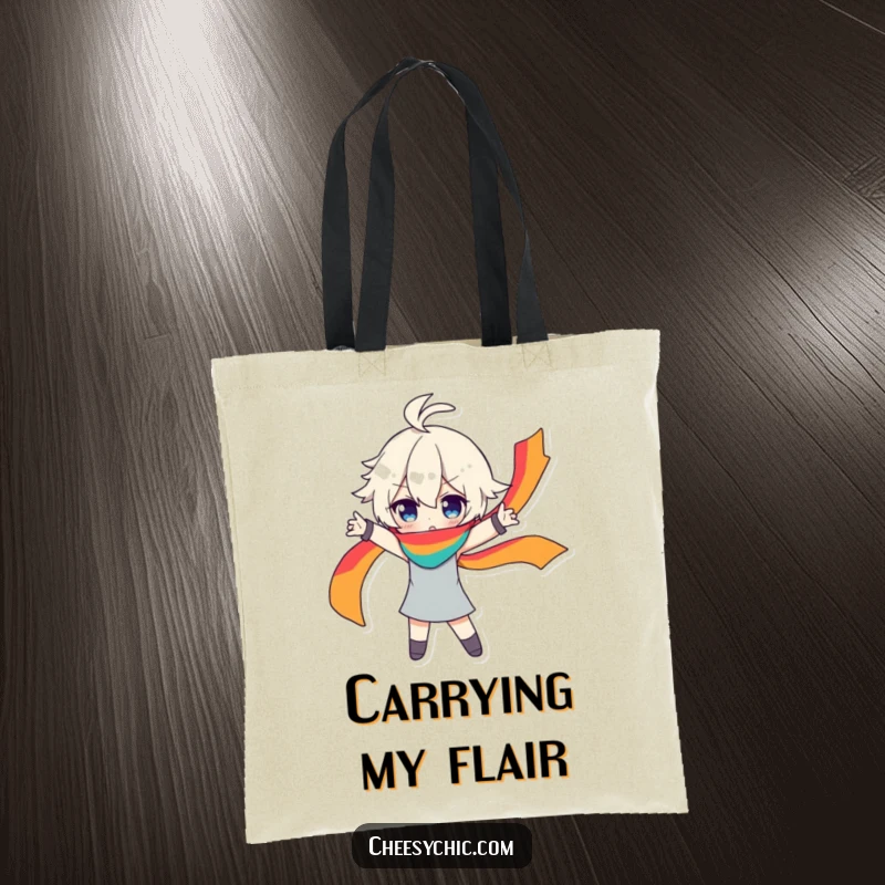 Funny tote bag featuring a character in a dramatic pose, a rainbow scarf flowing behind, perfect for carrying items with flair.