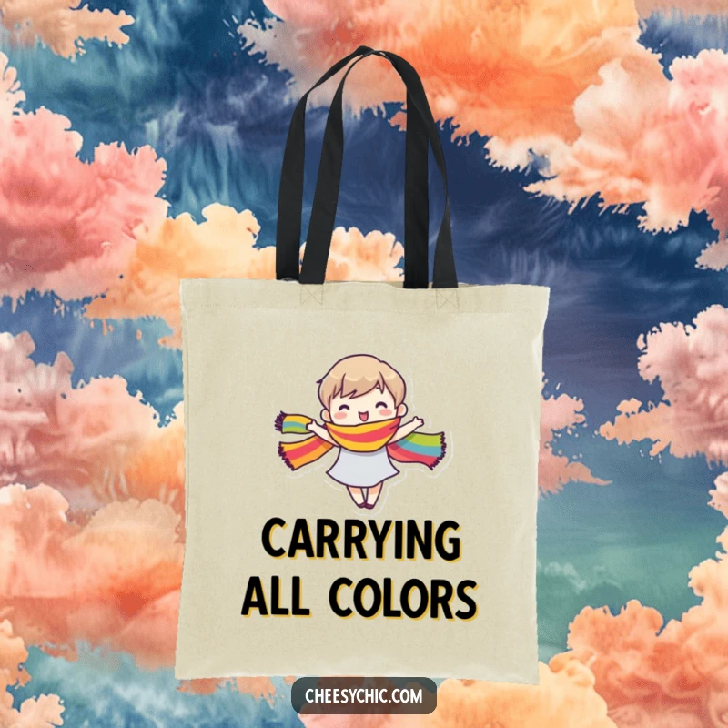 Funny Tote Bag of a small stylized character joyfully dancing, their rainbow scarf creating a beautiful, colorful arc.