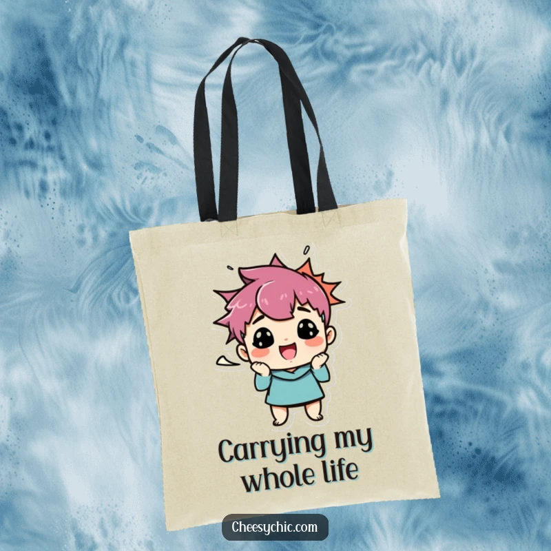 Funny tote bag featuring a small, stylized character making a wonderfully funny face, accented by a striking speech bubble of comedic expression.