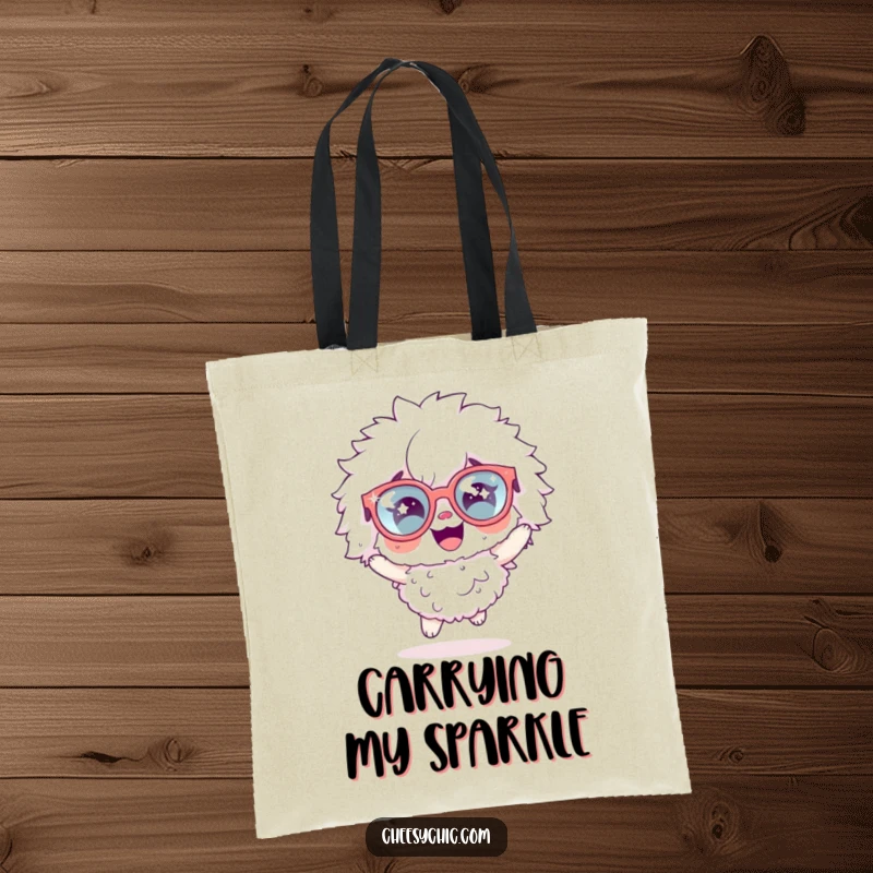 Funny tote bag illustrating a fluffy character with oversized sparkly glasses, joyfully hopping, symbolizing boundless energy and a happy spirit.