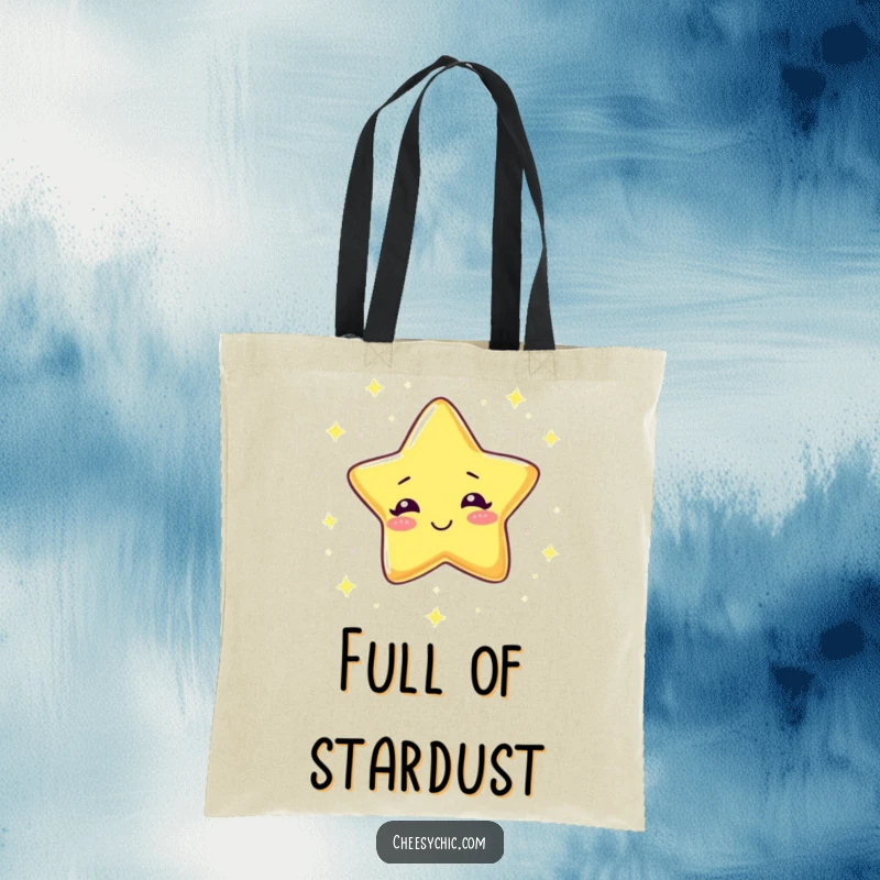 Funny Tote Bag with a giggling star showering tiny sparkles, perfect for carrying essentials with a touch of celestial magic.