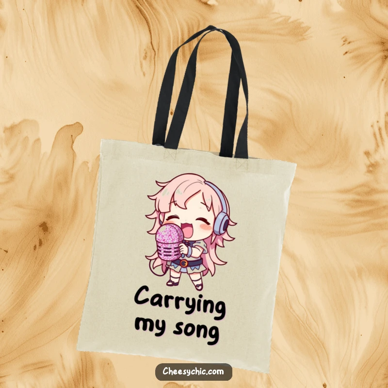 Funny Tote Bag: Character holding a huge glitter microphone, singing loudly, a humorous and practical accessory.