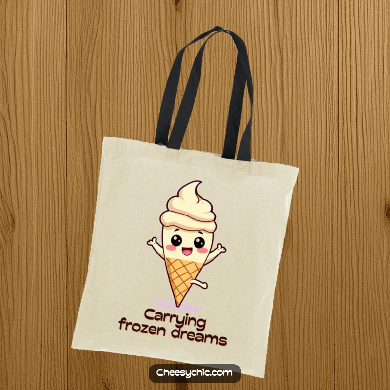 Funny tote bag showcasing a cheerful ice cream cone doing a cartwheel with its stick elevated, ready for sweet enjoyment.