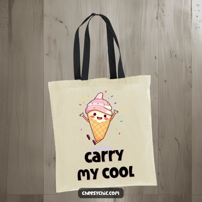 Funny tote bag with a smiling ice cream cone doing a cartwheel with colorful sprinkles flying, a charming and practical accessory.
