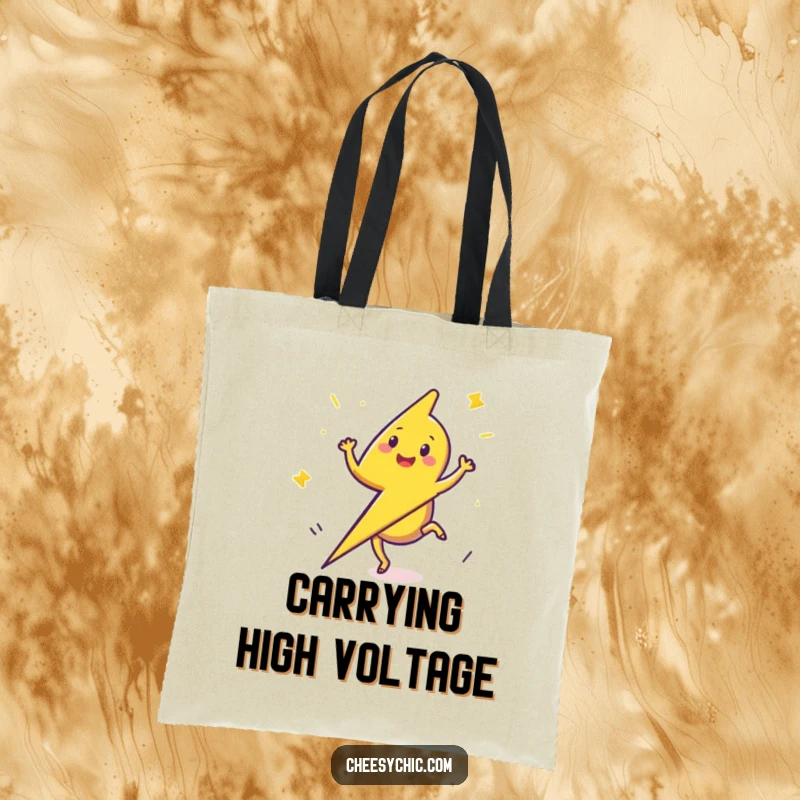 Funny Tote Bag with a happy lightning bolt performing a cartwheel, ready to carry your essentials with electric style.