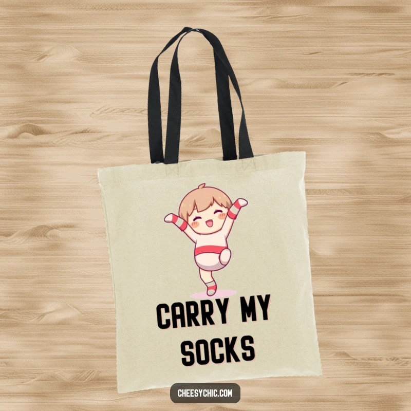 Funny Tote Bag: Character in mismatched socks, joyfully doing a cartwheel, a humorous and practical accessory.