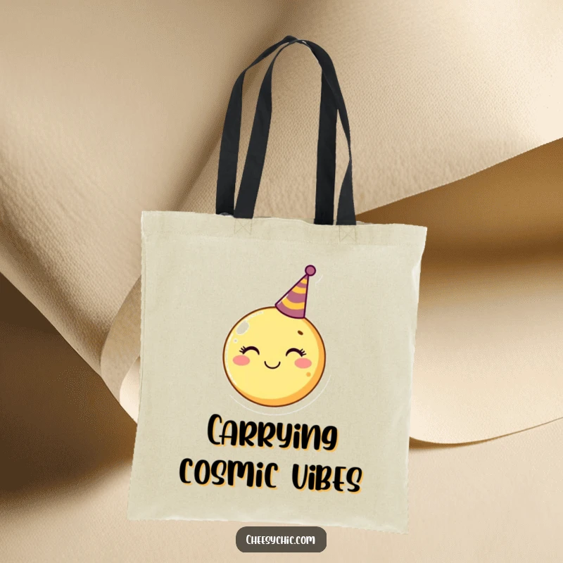 Funny Tote Bag showcasing a smiling moon wearing a tiny party hat, perfect for carrying essentials with a smile.
