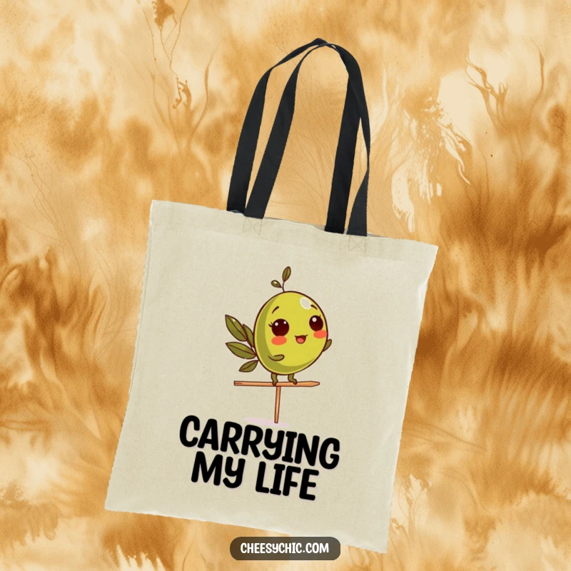 Funny Tote Bag with a mischievous olive character precariously balancing on a toothpick, a humorous and practical accessory.