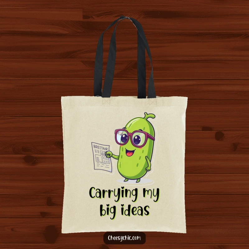 Funny tote bag with a pickle wearing large glasses, pointing at a blueprint.