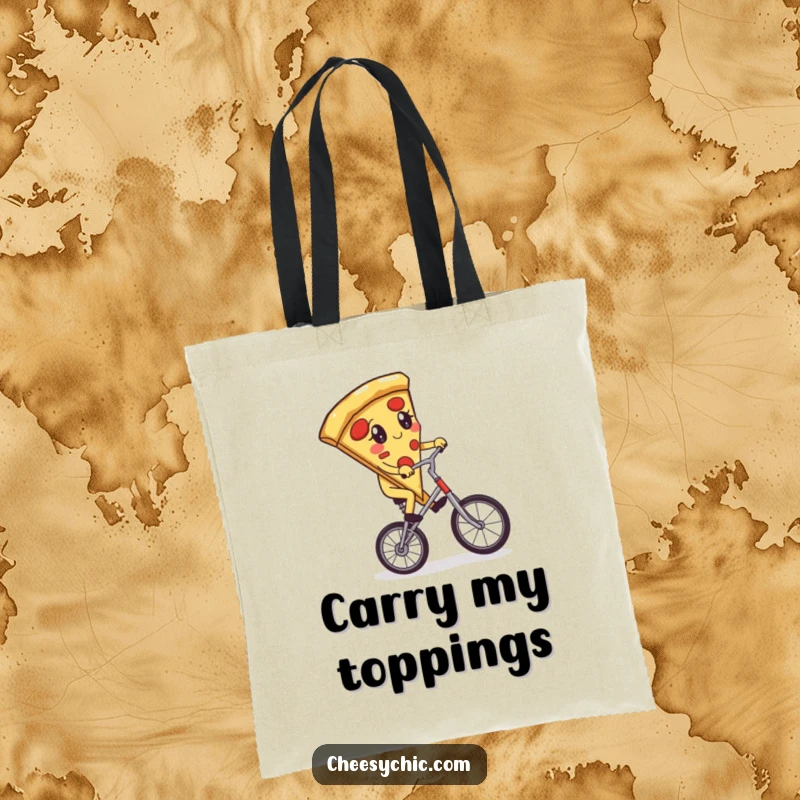 Funny tote bag with an adorable anthropomorphic pizza slice attempting to ride a unicycle, a practical and humorous accessory.