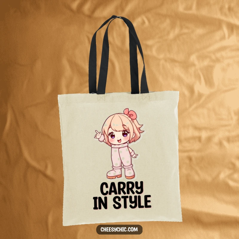 Funny tote bag with a character in oversized polka dot boots posing cheerfully, representing fun and unique fashion.