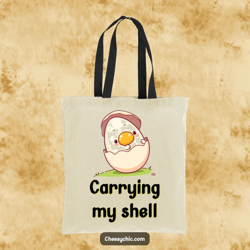 Funny tote bag with a charming anthropomorphic egg rolling downhill in its shell, ideal for carrying items with a playful spirit.