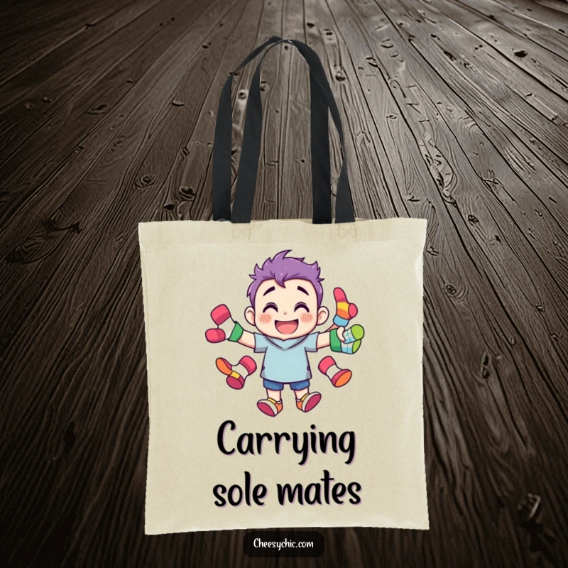 Funny tote bag showing a grinning character juggling various brightly colored, mismatched socks, perfect for carrying laundry day essentials.