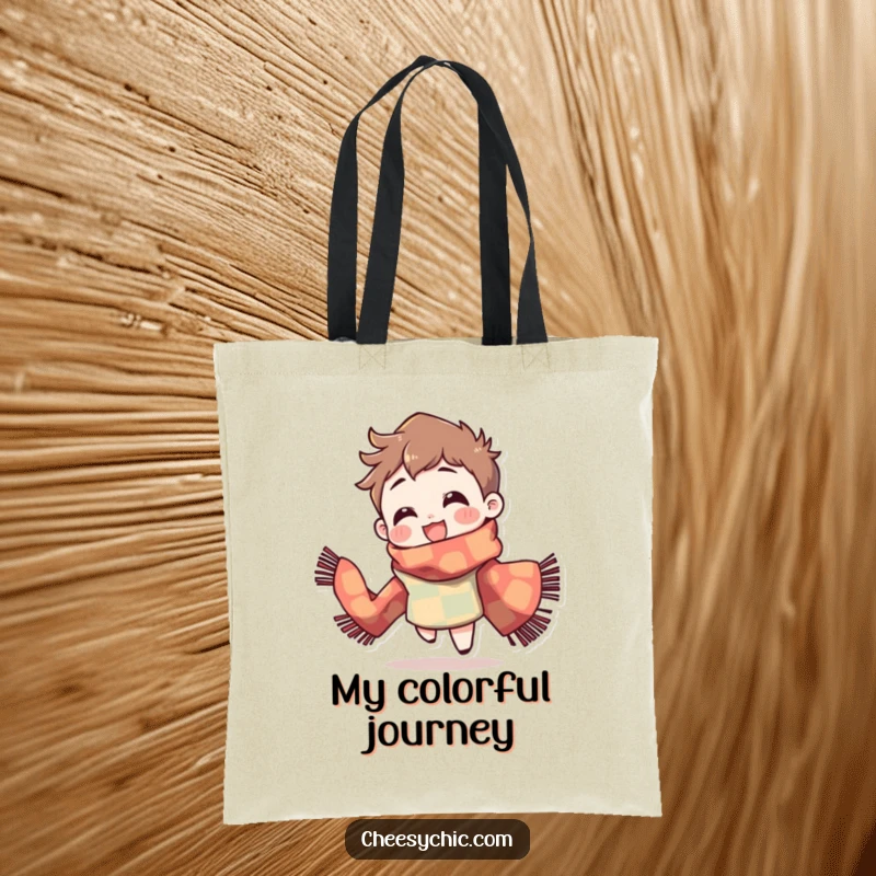 Funny Tote Bag: Character wearing a bright patterned scarf, spinning with delight, humorous and practical.