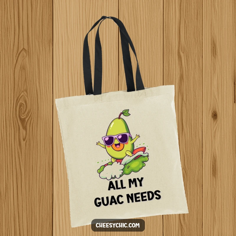 Funny tote bag with a cheerful avocado wearing sunglasses, surfing a guacamole wave, perfect for beach days or grocery runs.