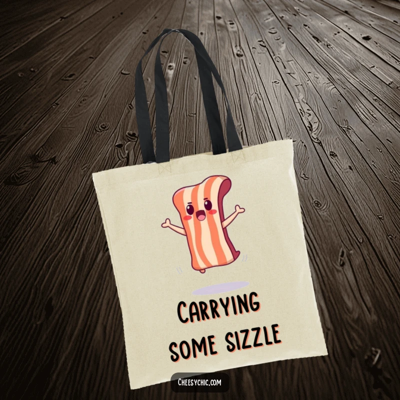 Funny tote bag with an adorable anthropomorphic bacon strip doing a surprised jump.
