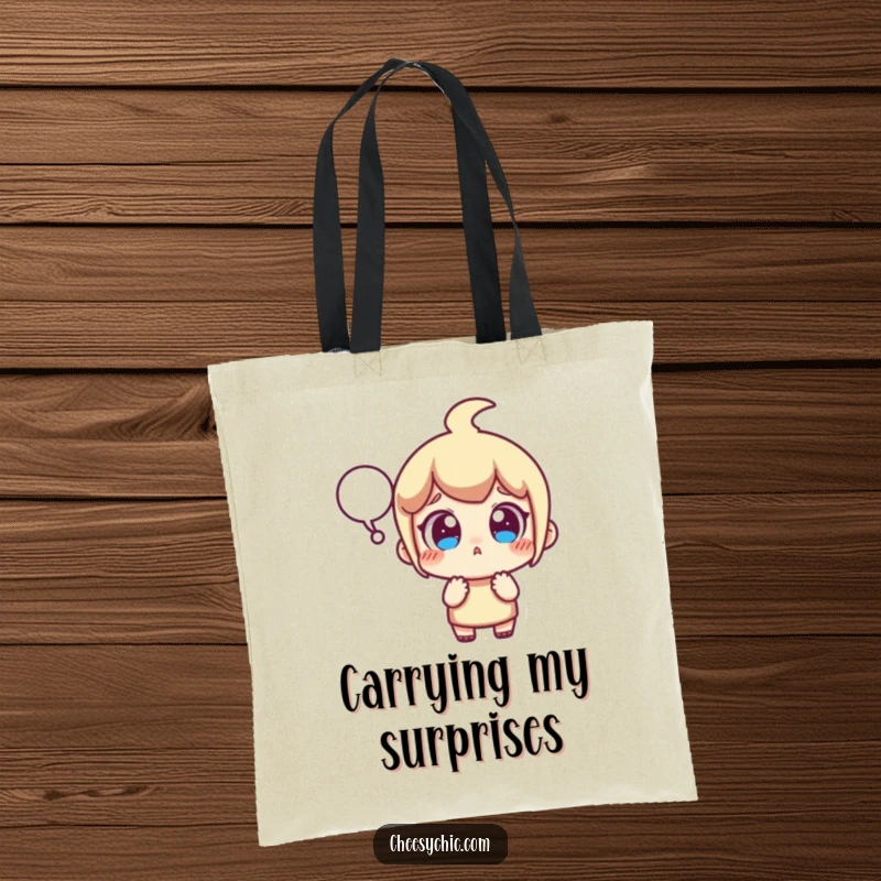 Funny tote bag featuring a small stylized character with wide, surprised eyes and a suddenly appearing speech bubble, perfect for carrying humor.