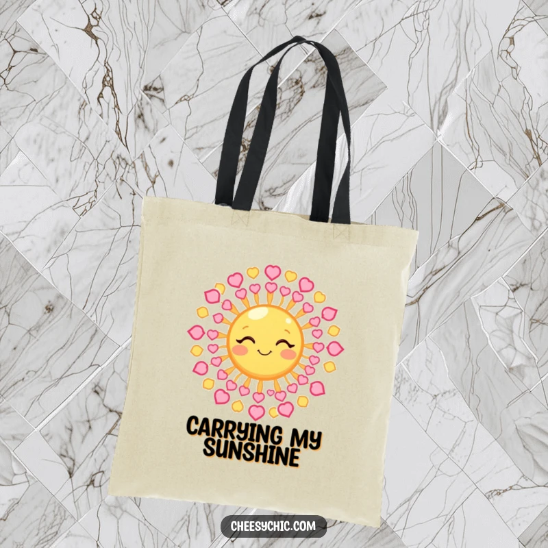 Funny Tote Bag with a winking sun whose rays are tiny hearts, perfect for carrying essentials with a smile.