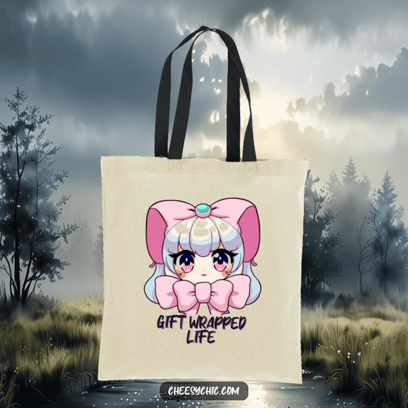 Funny Tote Bag: Character peeking from behind a giant bow, with wide, sparkling eyes, humorous and practical.