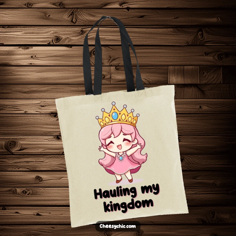 Funny tote bag illustrating a character with a giant sequined tiara, joyfully dancing, symbolizing celebration and vibrant energy.