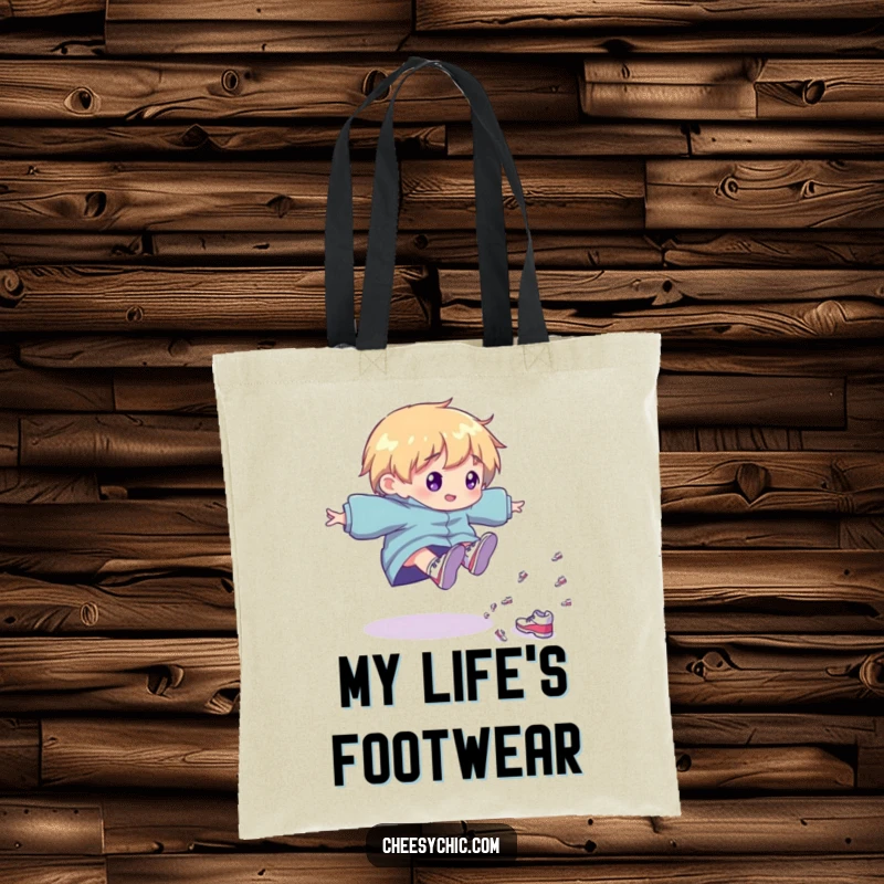 Funny Tote Bag: Character tripping playfully, with a cascade of tiny shiny shoes, a humorous and practical accessory.