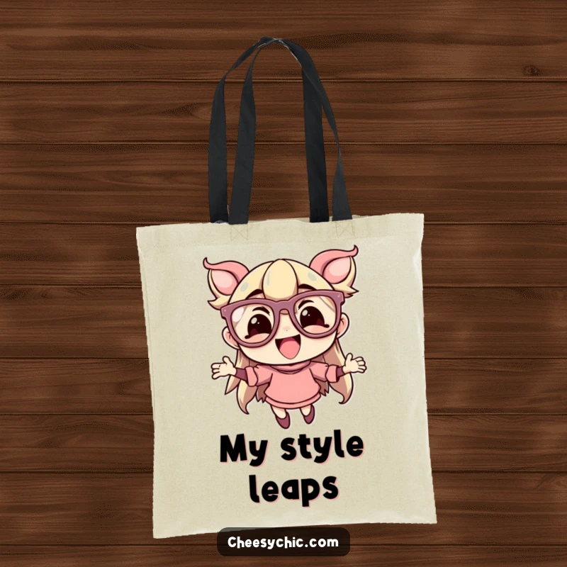 Funny tote bag with a character in oversized, flamboyant glasses, joyfully leaping, perfect for carrying essentials with a dose of humor.
