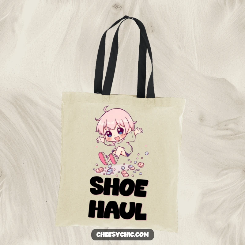 Durable tote bag featuring a funny character playfully tripping, with a cascade of tiny, shiny shoes.