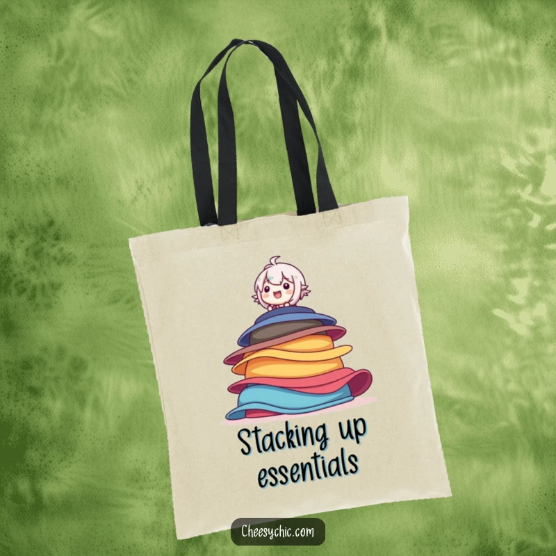 Funny tote bag illustrating a character precariously balanced on a colorful stack of hats, with a look of sheer delight.